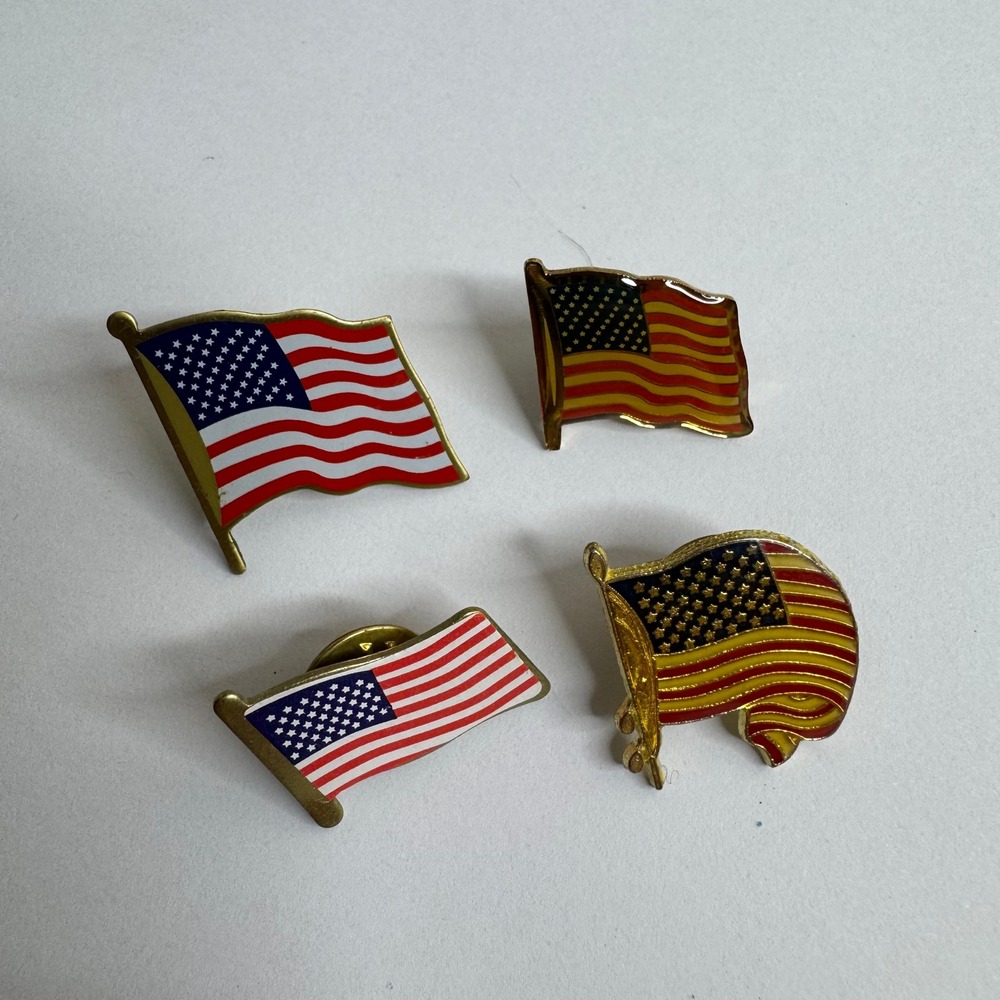 Lot of 4 American Flag Enamel Lapel Pins USA Patriotic Gold Tone Hat Pins